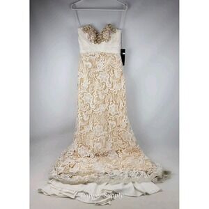 Mac Duggal Ivory/Nude Mermaid Beaded Dress Sz 6 White Floral W/ Train